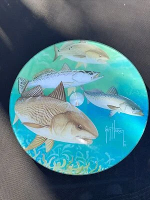 River's Edge Products Lazy Susan 14-inch Glass Guy Harvey Redfish/Trout Fish - Image 1 of 4