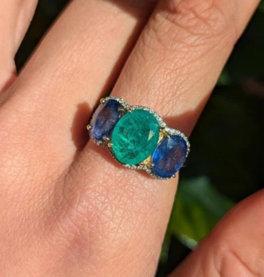 Natural Emerald Sapphire Diamond 14ct Gold Halo Trilogy Ring Size P US 7.5 - Image 1 of 4