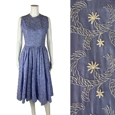 Vintage 1950s Embroidered Dress Periwinkle Floral Sundress | W 26" - Image 1 of 4