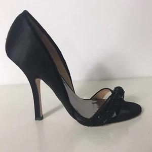 Badgley Mischka 7. 5 River Beaded Mesh Strap Black Satin Peep-Toe Heels Pumps - Picture 1 of 12