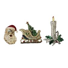 3 Vintage Gerry Brooches Pins Christmas Candle Santa Sleigh Red & Green Enamal 