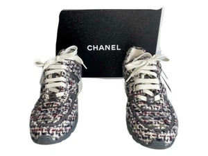 Chanel Sneaker Tweed Velour Textile Size 39 Tweed Leather Grey Black White - Picture 1 of 7