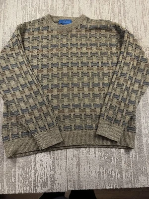 Towncraft Sweater Mens Large Green Brown Crewneck Pullover Geometric Jacquard - Image 1 of 4