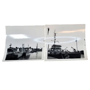 Vtg Lot of 2 Monochrome Docked Ship Photos 1955 Found Snapshot 3.5" x 3.5" - Picture 1 of 6