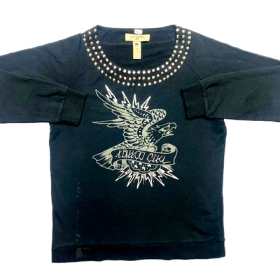 Moletom Ed Hardy feminino médio preto manga longa tatuagem cidade pulôver - Imagem 1 de 4