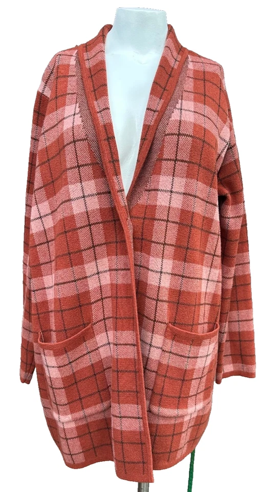 Cárdigan Largo Denim & Co XL Naranja Cuadros Búfalo Cuadros Lagenlook Chaqueta Bolsillos Foto 1 de 4