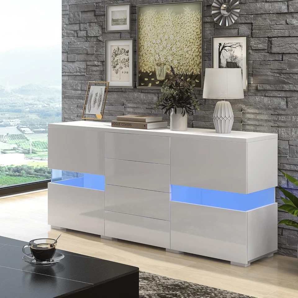 Modern White Sideboard Cabinet with 2 Doors, 4 Drawers & 16-Color LED Light - Image 1 of 4