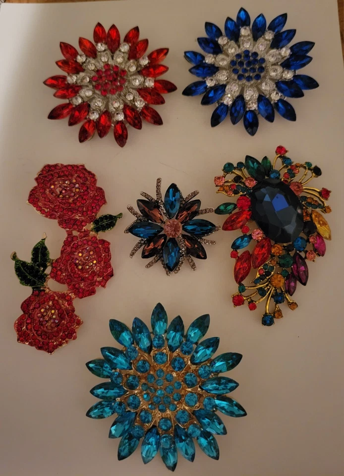 6pc Big Beautiful Multicolor Rhinestone Glass Floral Flower Brooch Lot E231-7 - Image 1 of 4