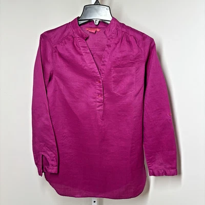 Túnica de lino fucsia Sunny Leigh para mujer cuello mandarín mangas enrollables talla S Foto 1 de 4