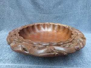 GRANDE CIOTOLA CENTROTAVOLA VINTAGE IN LEGNO INTAGLIATO A MANO DESIGN DRAGO ORIENTALE - Foto 1 di 14