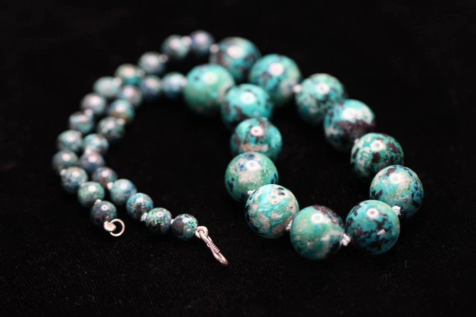 Collar Crisocola Azurita Azul Verde Bola Piedras Preciosas Naturales Seda Anudado 18" Foto 1 de 4