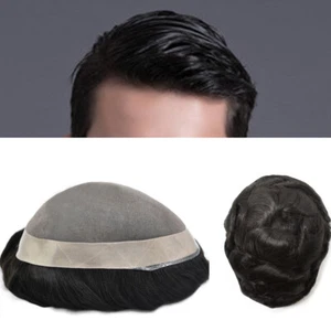 Mens Human Hair Replacement System Hairpiece Fine Mono Poly Skin Mens Toupee Wig - Picture 1 of 14