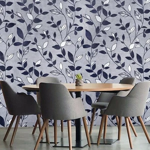 Wallpaper gray silver navy blue Flocking Velvet flocked Textured floral leaves  - Picture 1 of 12