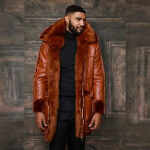 Men’s Brown Crocodile Print Hooded Vegan Leather & Faux Fur Jacket