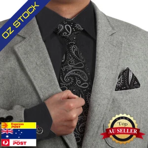 Black Grey Microfiber Neck Tie Set Hand Cuff Set Gift Box Dan Smith C.C.B.H.003 - Picture 1 of 6