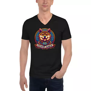 Dog Meme Coins Crypto Dogecoin Shiba Inu Token Short Sleeve V-Neck T-Shirt - Picture 1 of 9
