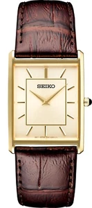 Seiko Essentials Mens Quartz Rectangular Brown Leather  Strap Watch SWR064 - Picture 1 of 3