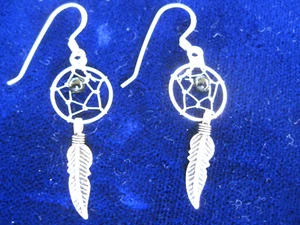 DREAM CATCHERS - EARRINGS 1 1/2” LONG, STERLING SILVER FISHHOOK TYPE - Picture 1 of 2