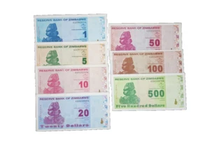 7 Zimbabwe banknotes / 1 -500 dollars / 2009 series P92-98 / CIRCULATED - Picture 1 of 2