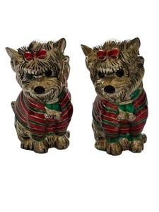 Yorkie Dogs Silver Metal Salt Pepper Shakers Green Red Enamel Sweaters Yorkshire - Picture 1 of 10