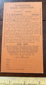 Washington Burial Association of Altoona Penna, Burial Fund Card, - Picture 1 of 2