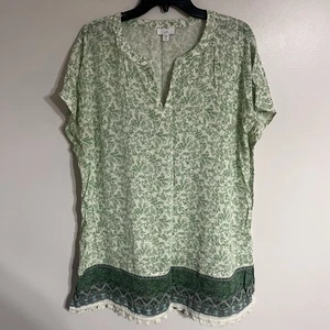 J. Jill Green Cotton Gauze Tunic Blouse Top Hippie Boho Ethnic Size Large Tall - Picture 1 of 12