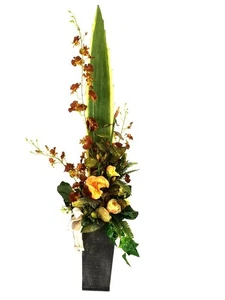 Orchideengesteck Rostbraun Kunstblumen Metallgefäß konisch 70 cm Stockrose - Bild 1 von 6