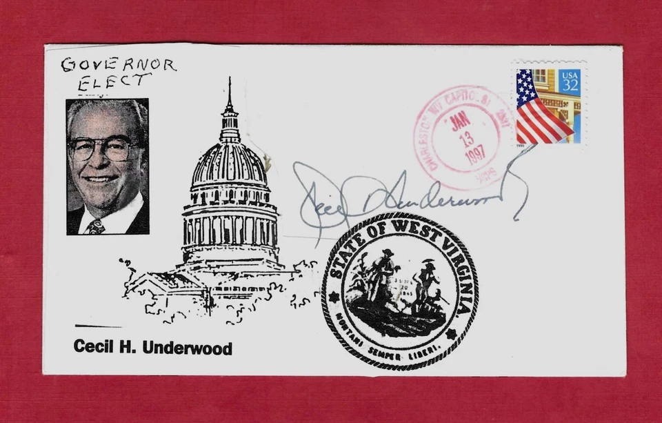 Charleston, Capitol Sta, WV Jan 13, 1997 pmk on cover signed by  Cecil Underwood - Image 1 of 1