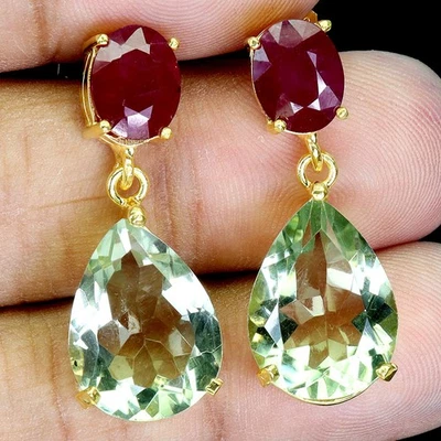 925 Sterling Silver Earrings Pear Green Amethyst 16x12mm Ruby Gemstone Jewelry - Image 1 of 4