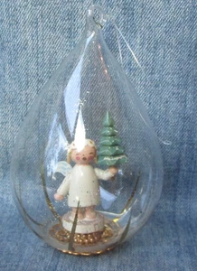 Vtg Christmas Ornament DETAILED WOOD ANGEL GIRL Diorama Clear Glass Tear Drop - Picture 1 of 3