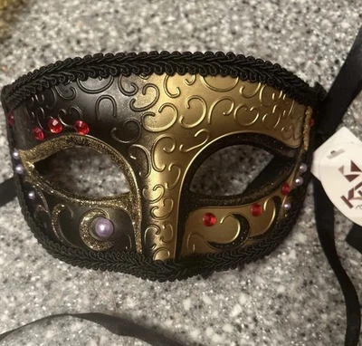 Leatherette Masquerade Half Mask 9" with Satin Ties Iridescent Bronze or Silver  - Image 1 of 4