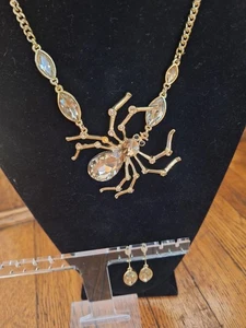 Gold Tone Spider Necklace & Earrings Statement Set w/Clear Glass Crystals - Picture 1 of 11