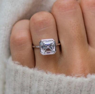 4Ct White Asscher Simulated Diamond Bezel Set Solitaire Ring 925 Sterling Silver - Image 1 of 4