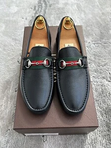 Authentic Gucci Web Silver Horsebit Black Leather Mens Loafer US7 EU40.5 UK6.5 - Picture 1 of 8