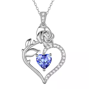 Elegante Geburtsstein Halskette mit Herz 925 Sterling Silber Anhänger Schmuck - Bild 1 von 12