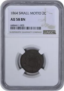 1864 Two Cent Piece Small Motto AU58BN NGC - Picture 1 of 4