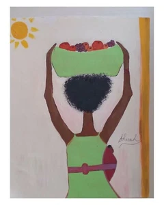   African  American Art Woman Fruit 11x14 Poster Oil -Acrylic Green Yellow  - Picture 1 of 1