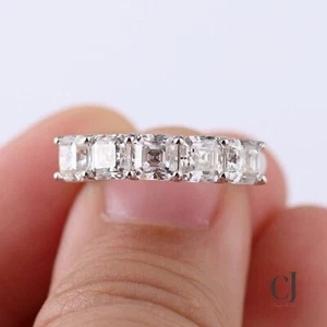 Half Eternity Wedding Band Moissanite 2 Carat Asscher Cut Solid 14k White Gold - Picture 1 of 10