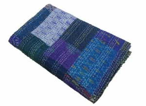 Colcha Vintage Kantha De Seda Hecha A Mano India En Parchwork Azul Tamaño Queen - Imagen 1 de 6