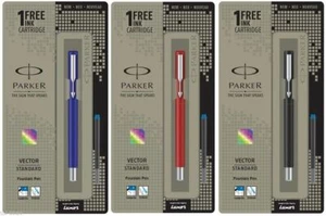Neu Parker Vector CT Chrom Tinte Füllfederhalter Fein Feder Schwarz, Blau & Rote - Picture 1 of 5