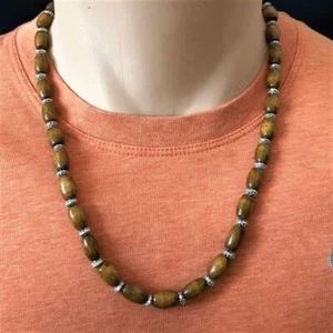Mens Brown Wood Barrel and Silver Beaded Necklace - Picture 1 of 1