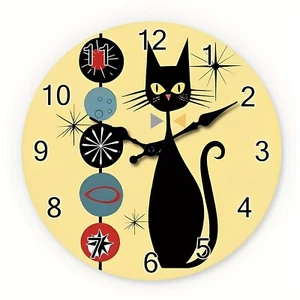 12 inch medieval atomic age black cartoon cool cat wooden silent wall clock - Picture 1 of 10