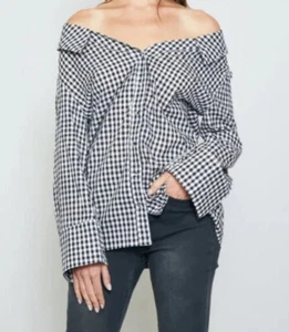 Schulterfreie Damenbluse mit Gingham-Print, elegante geknotete Bluse Knopfleiste - Bild 1 von 6