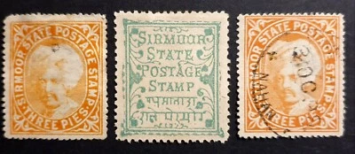 India Sirmoor State 1890s Stamps x 3 Raja Shamsher Parkash era MM (1) Used (2) - Image 1 of 2