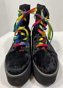 FOEVER 21 PLATFORM LONG BOOTS Womens 9 Black Faux Leather Suede Rainbow Lace Up - Picture 1 of 9