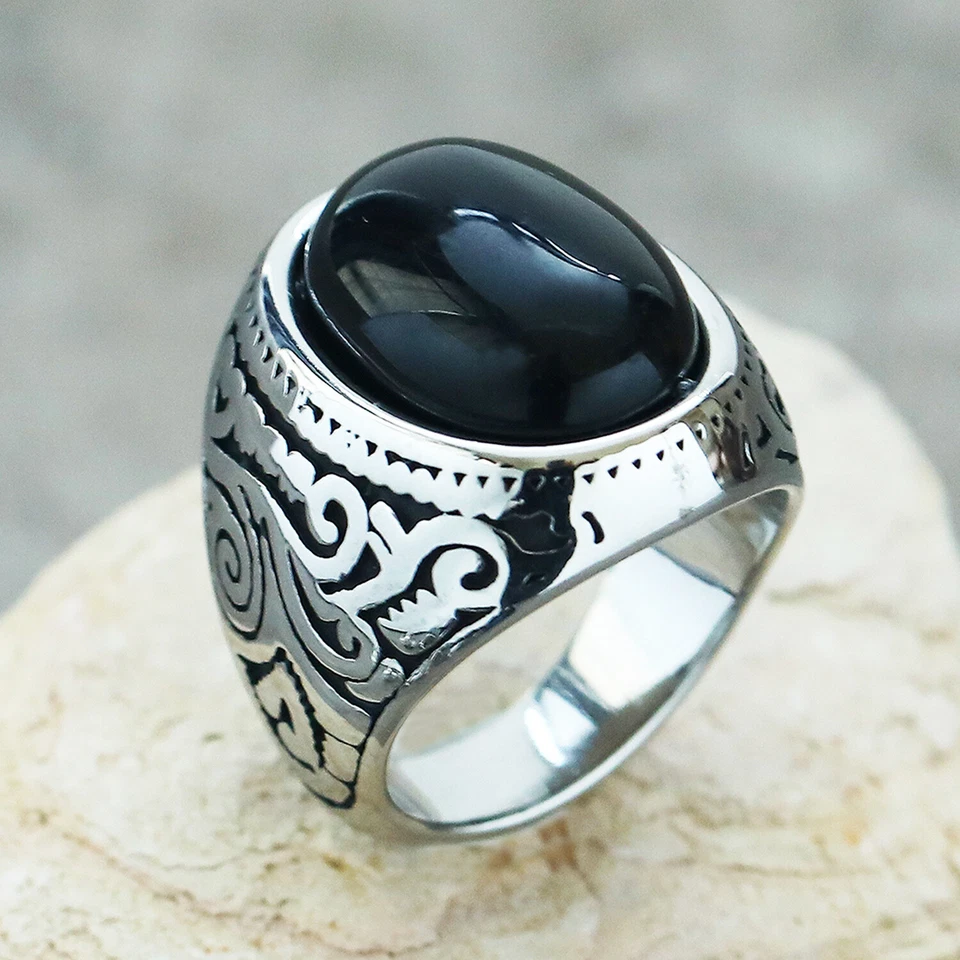 Anillo de boda vintage negro piedra ovalada para hombre acero inoxidable espalda lisa talla 7-15 Foto 1 de 1
