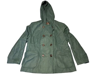Giacca Womens Green Hooded Double-Breasted Coat 1X With Pockets & Button Detail - Image 1 of 4