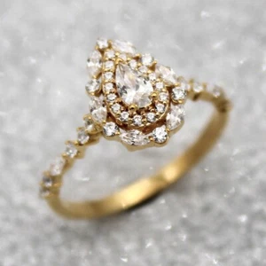 Classic Pear Double Halo Zircon Engagement Ring 14kt yellow Gold Exquisite ring - Picture 1 of 7