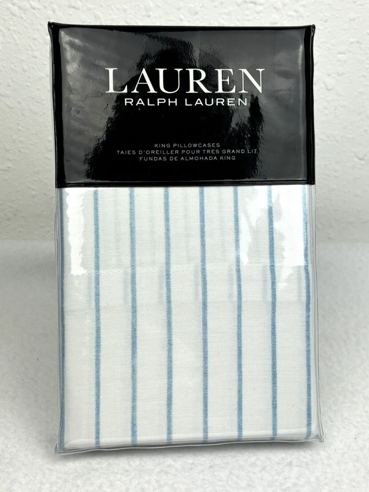 RALPH LAUREN KING Spencer Stripe Sateen Pillowcases Aqua Blue 100% Cotton - Image 1 of 4