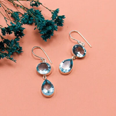 Sky Blue Topaz Drop/Dangle Earrings Handcrafted Silver Dailywear Jewelry 1.88" - Image 1 of 4